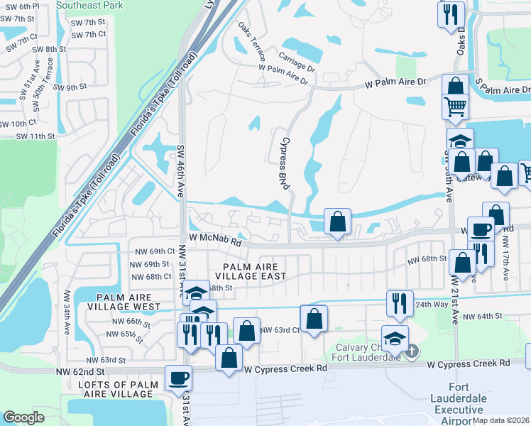 map of restaurants, bars, coffee shops, grocery stores, and more near 1411 Banyan Circle in Pompano Beach
