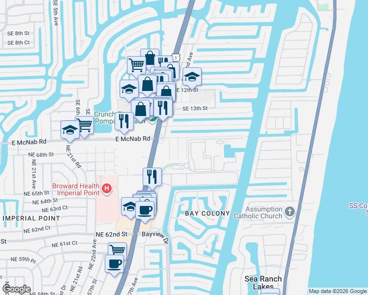 map of restaurants, bars, coffee shops, grocery stores, and more near 1531 Southeast 24th Terrace in Pompano Beach