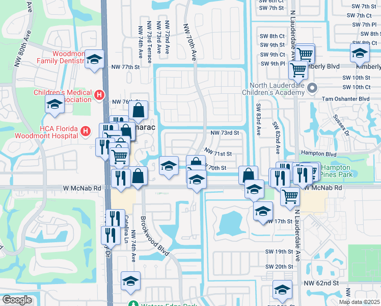 map of restaurants, bars, coffee shops, grocery stores, and more near 7006 Northwest 71st Avenue in Tamarac