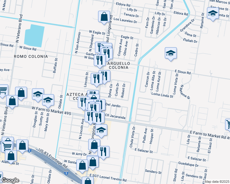 map of restaurants, bars, coffee shops, grocery stores, and more near 1711 Curtis Drive in San Juan