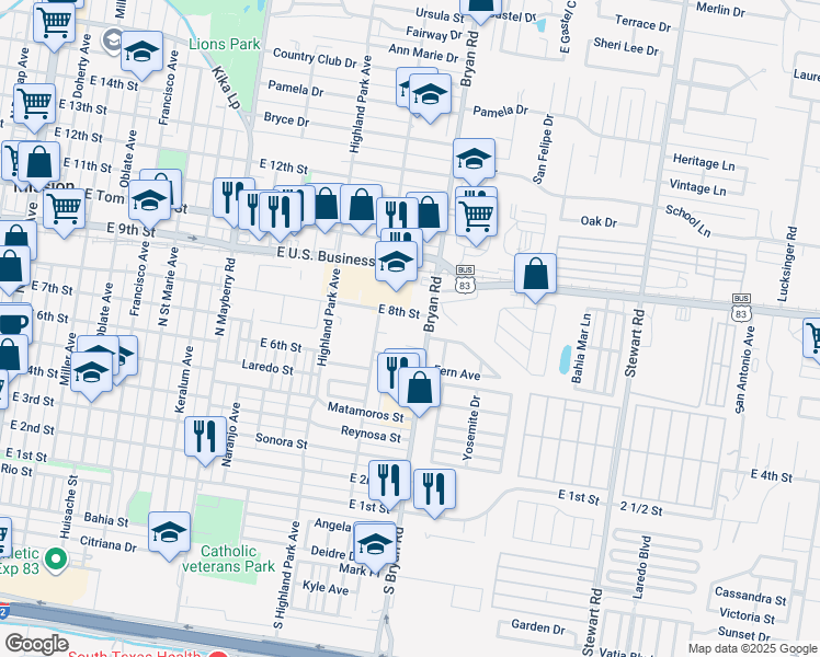 map of restaurants, bars, coffee shops, grocery stores, and more near 1300 East 8th Street in Mission