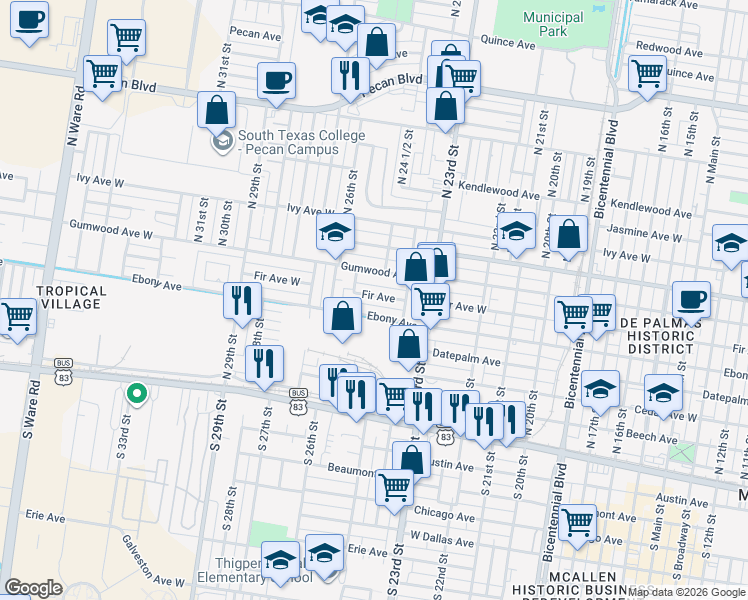 map of restaurants, bars, coffee shops, grocery stores, and more near 2505 Fir Avenue in McAllen