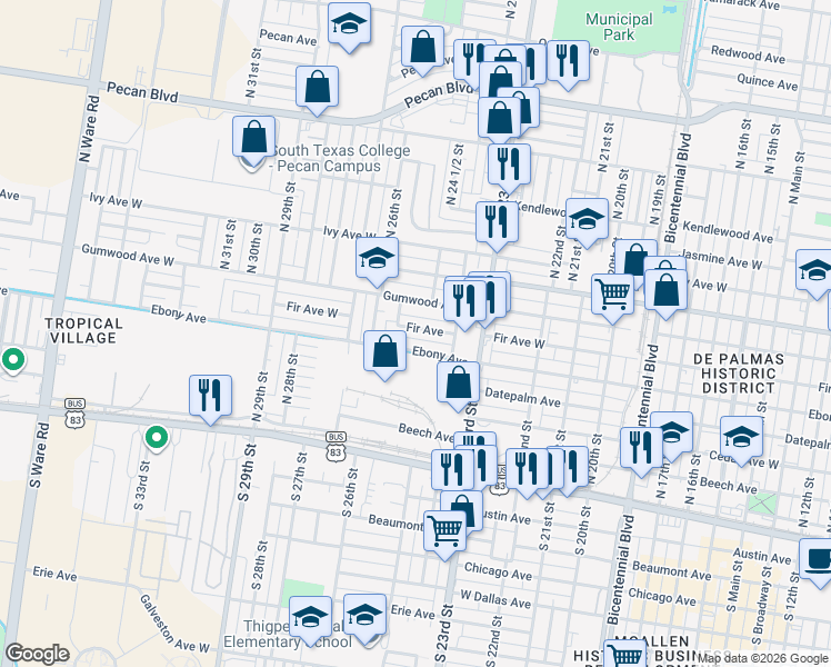 map of restaurants, bars, coffee shops, grocery stores, and more near 2505 Fir Avenue in McAllen