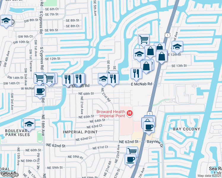 map of restaurants, bars, coffee shops, grocery stores, and more near 602 East McNab Road in Pompano Beach