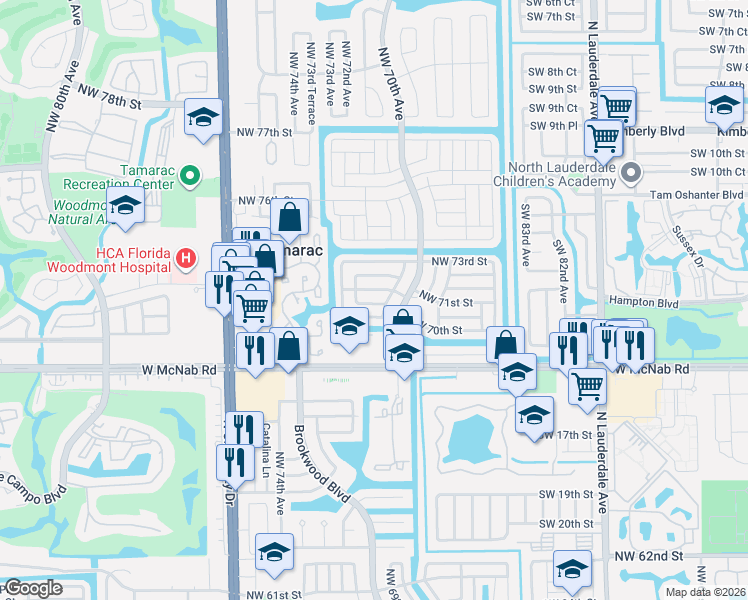 map of restaurants, bars, coffee shops, grocery stores, and more near 7006 Northwest 71st Avenue in Tamarac