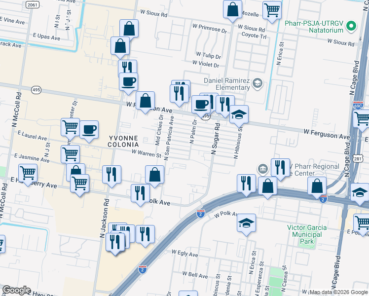 map of restaurants, bars, coffee shops, grocery stores, and more near 1006 West Emil Street in Pharr