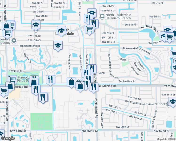 map of restaurants, bars, coffee shops, grocery stores, and more near 7221 Southwest 14th Street in North Lauderdale