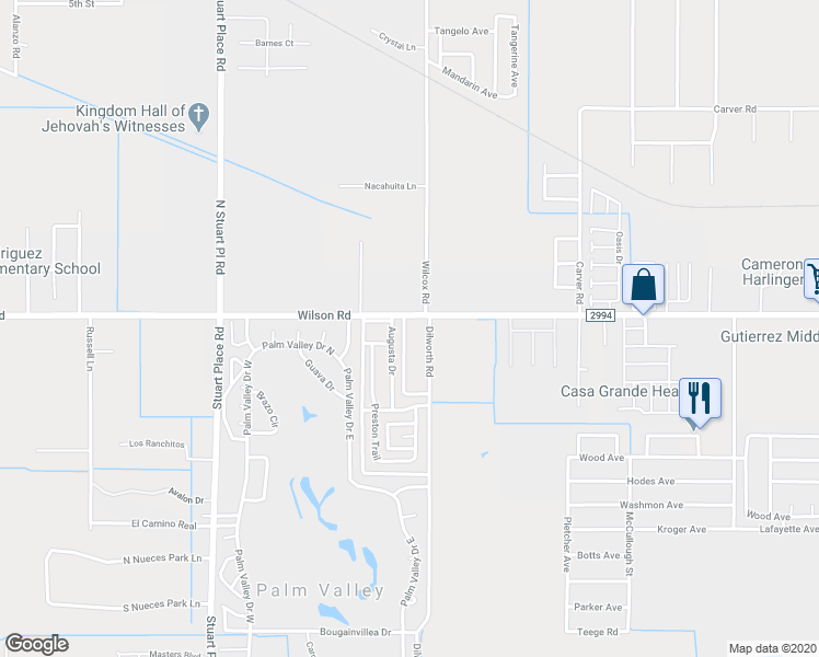 map of restaurants, bars, coffee shops, grocery stores, and more near 16488 Wilson Road in Harlingen