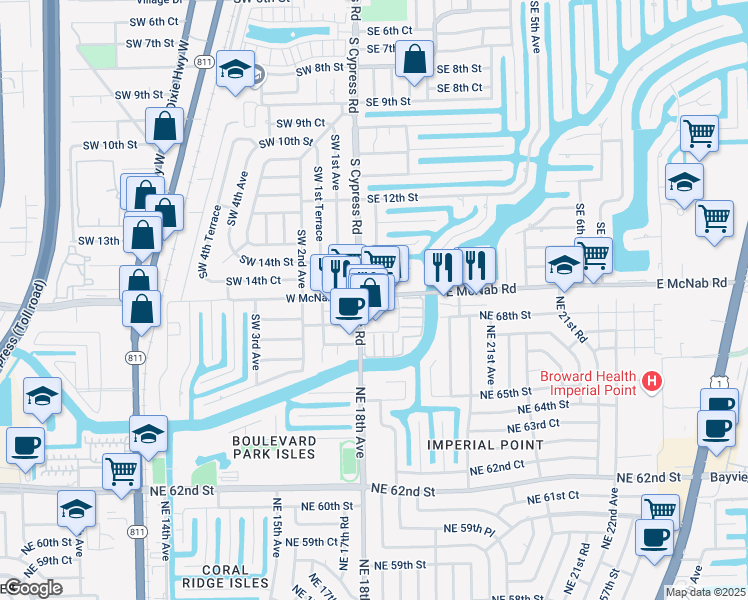 map of restaurants, bars, coffee shops, grocery stores, and more near 50 East McNab Road in Pompano Beach