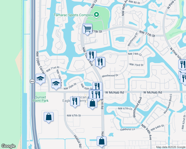 map of restaurants, bars, coffee shops, grocery stores, and more near 7131 Northwest 100th Terrace in Tamarac