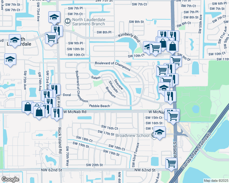 map of restaurants, bars, coffee shops, grocery stores, and more near 1342 Silverado in North Lauderdale