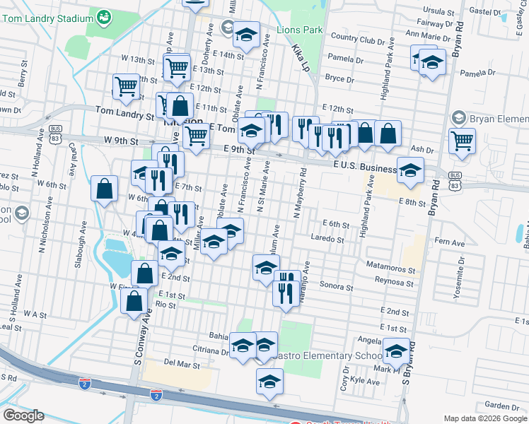 map of restaurants, bars, coffee shops, grocery stores, and more near 606 North Saint Marie Street in Mission