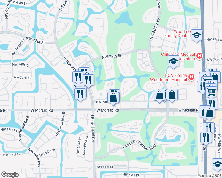 map of restaurants, bars, coffee shops, grocery stores, and more near 7055 Woodmont Way in Tamarac