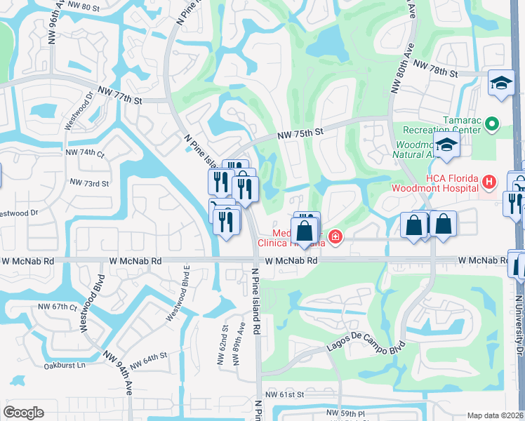 map of restaurants, bars, coffee shops, grocery stores, and more near 7220 Woodmont Avenue in Tamarac