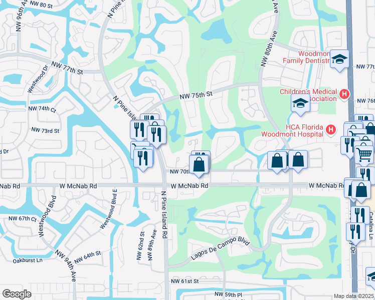 map of restaurants, bars, coffee shops, grocery stores, and more near 7055 Woodmont Way in Tamarac