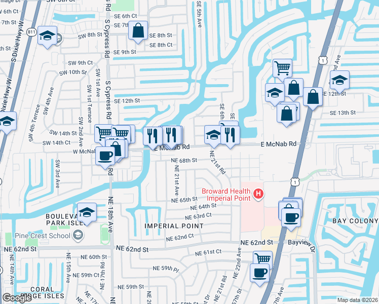 map of restaurants, bars, coffee shops, grocery stores, and more near 470-510 East McNab Road in Pompano Beach