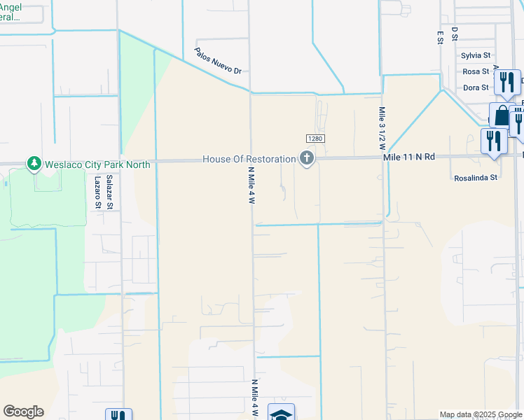 map of restaurants, bars, coffee shops, grocery stores, and more near 5310 Mile 4 West Road in Weslaco