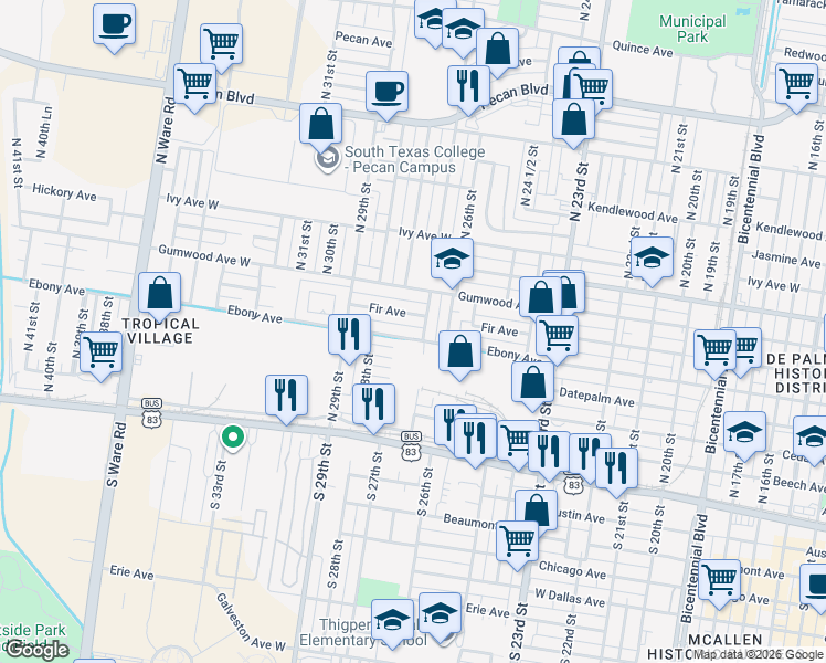 map of restaurants, bars, coffee shops, grocery stores, and more near 2708 Ebony Avenue in McAllen