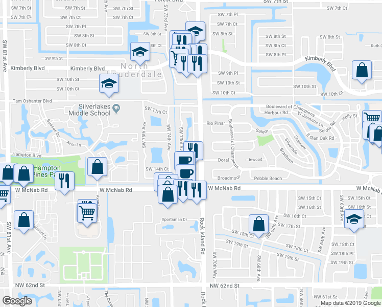 map of restaurants, bars, coffee shops, grocery stores, and more near 7221 Southwest 14th Street in North Lauderdale