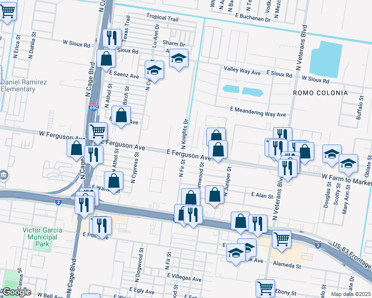 map of restaurants, bars, coffee shops, grocery stores, and more near 801 West Ferguson Street in Pharr