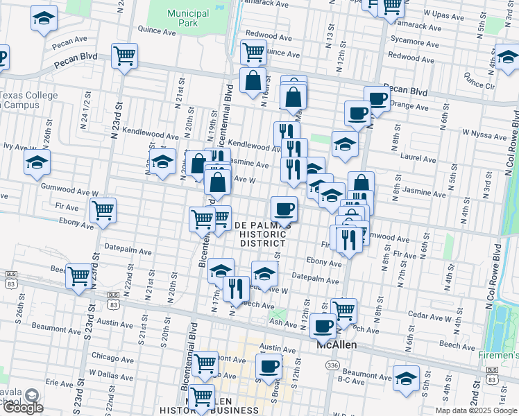 map of restaurants, bars, coffee shops, grocery stores, and more near 707 North 15th Street in McAllen