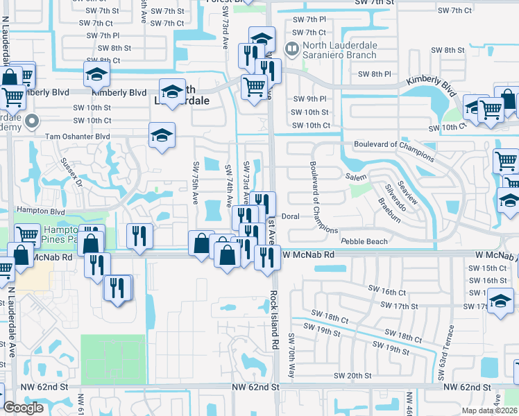 map of restaurants, bars, coffee shops, grocery stores, and more near 7221 Southwest 14th Street in North Lauderdale