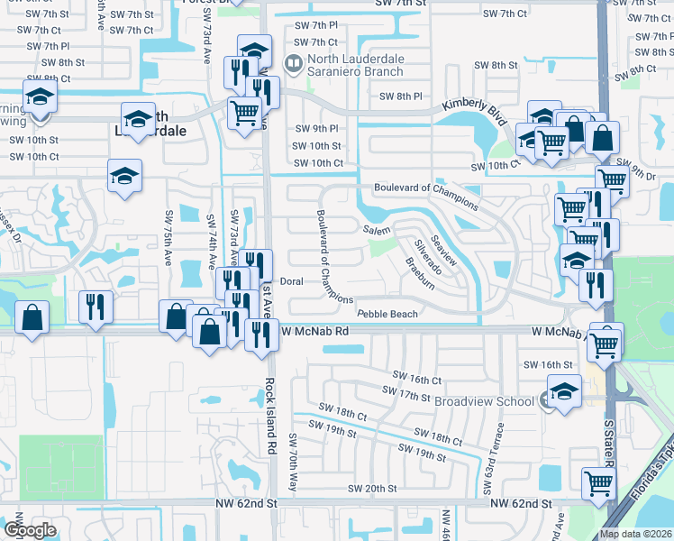 map of restaurants, bars, coffee shops, grocery stores, and more near 6708 Stardust in North Lauderdale
