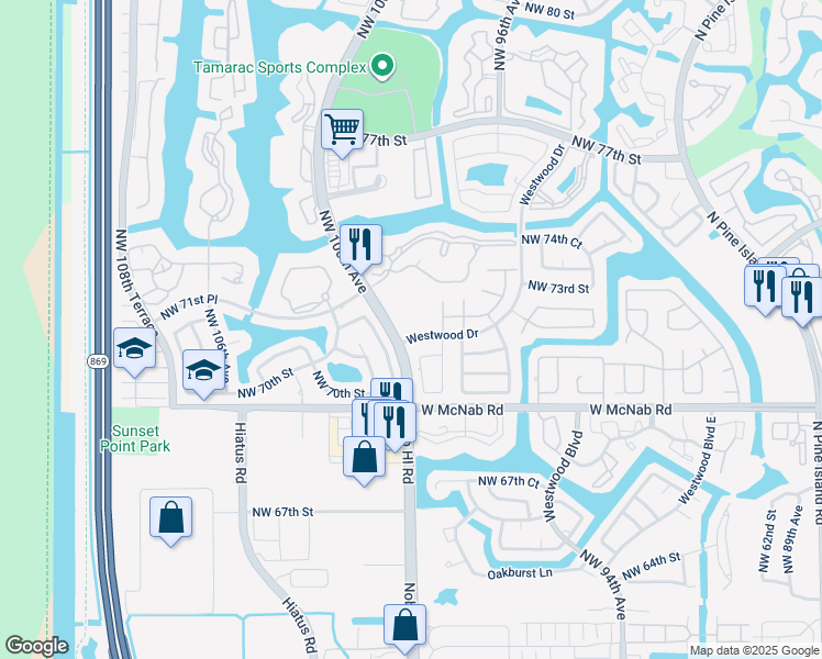 map of restaurants, bars, coffee shops, grocery stores, and more near 7126 Westwood Drive in Tamarac