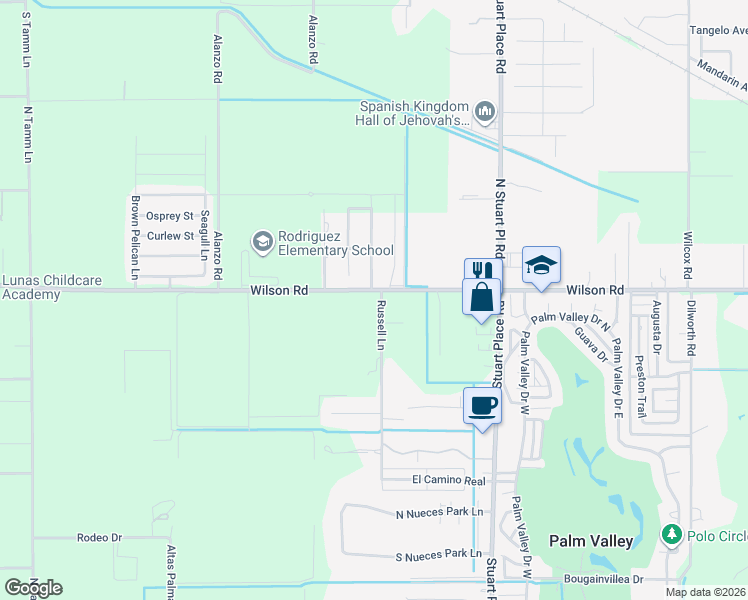 map of restaurants, bars, coffee shops, grocery stores, and more near 16184 Wilson Road in Harlingen
