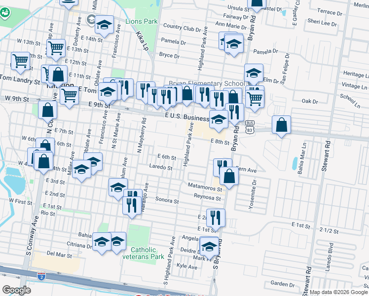 map of restaurants, bars, coffee shops, grocery stores, and more near 709 Highland Park Avenue in Mission