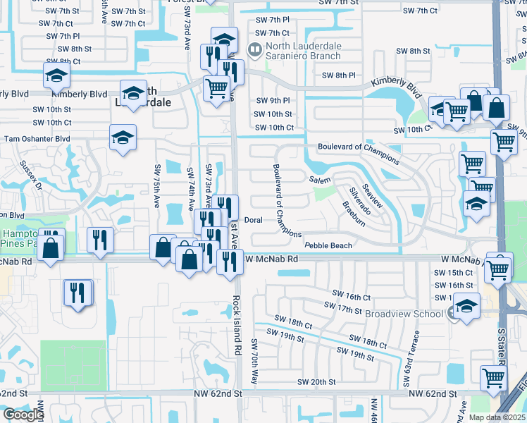 map of restaurants, bars, coffee shops, grocery stores, and more near 6810 Stardust in North Lauderdale
