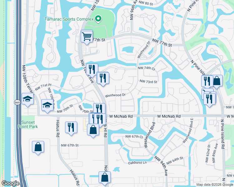 map of restaurants, bars, coffee shops, grocery stores, and more near 9900 Malvern Drive in Tamarac