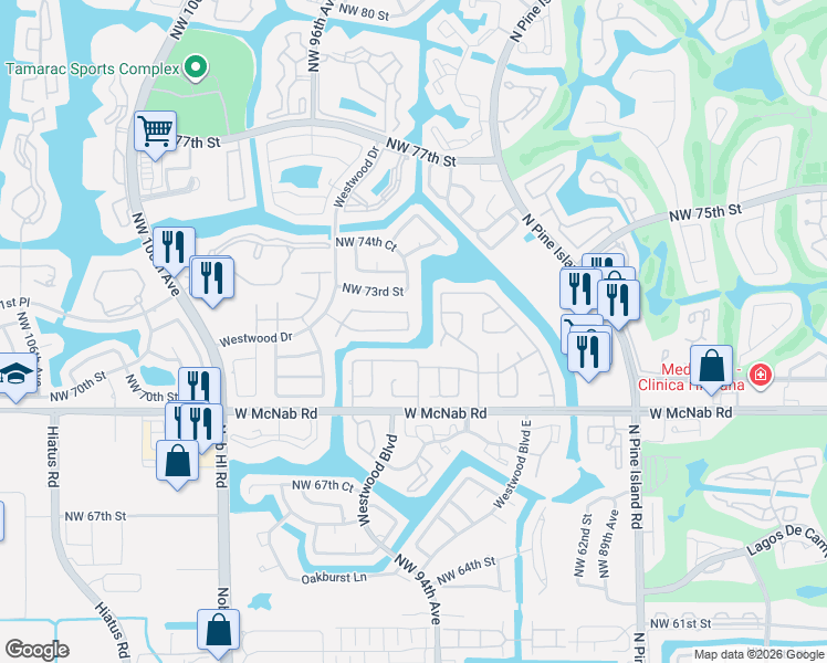 map of restaurants, bars, coffee shops, grocery stores, and more near 7200 Northwest 94th Way in Tamarac