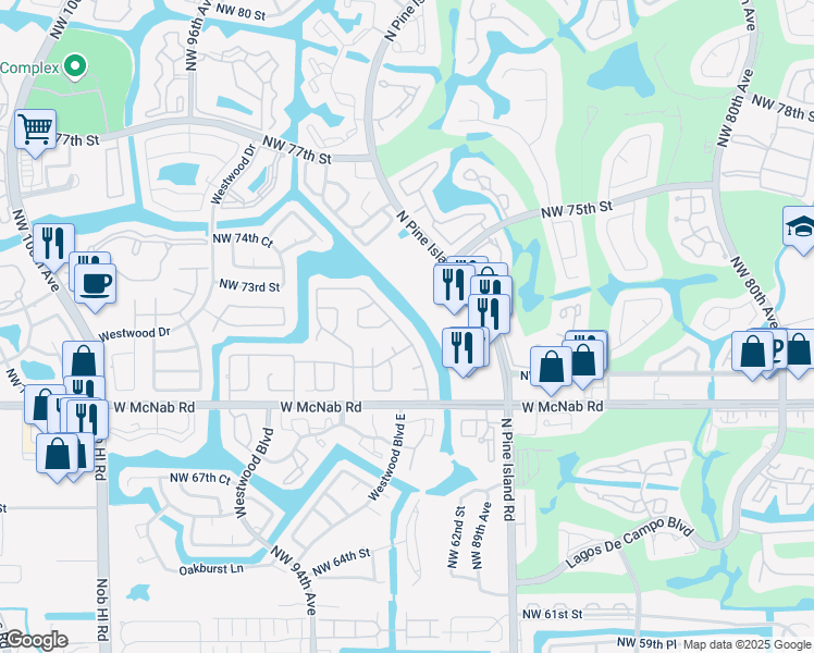 map of restaurants, bars, coffee shops, grocery stores, and more near 7108 Northwest 89th Avenue in Tamarac