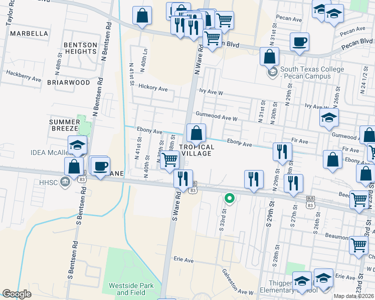 map of restaurants, bars, coffee shops, grocery stores, and more near 309 North 36th Lane in McAllen