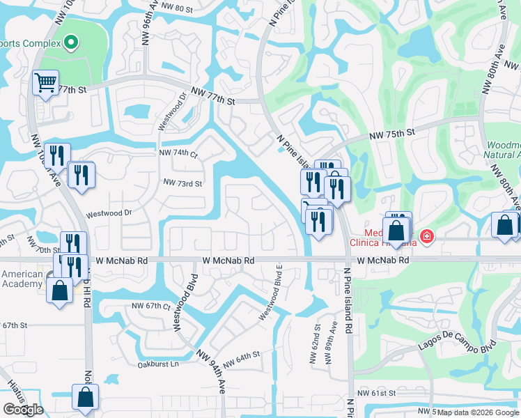 map of restaurants, bars, coffee shops, grocery stores, and more near 9103 Northwest 72nd Court in Tamarac