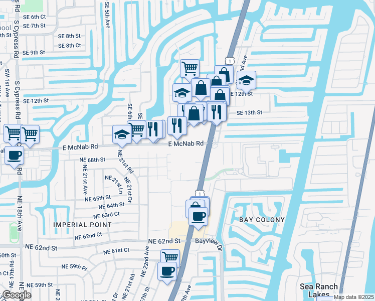 map of restaurants, bars, coffee shops, grocery stores, and more near 950 East McNab Road in Pompano Beach
