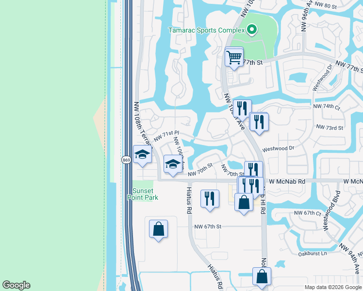 map of restaurants, bars, coffee shops, grocery stores, and more near 7112 Northwest 106th Avenue in Tamarac