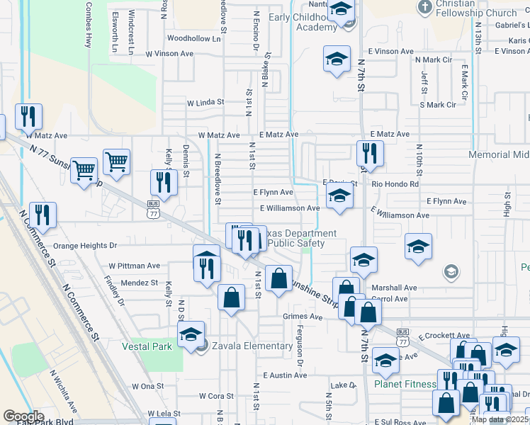 map of restaurants, bars, coffee shops, grocery stores, and more near 114 East Williamson Avenue in Harlingen