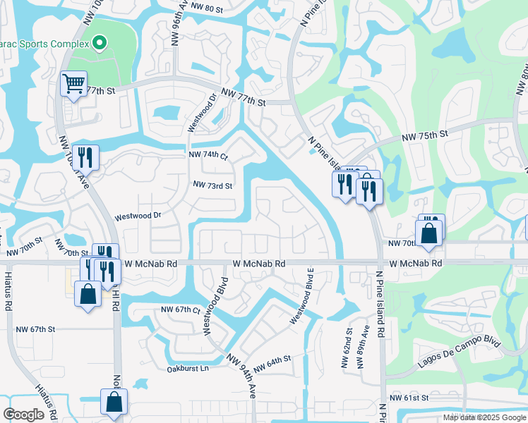 map of restaurants, bars, coffee shops, grocery stores, and more near 7105 Northwest 92nd Terrace in Tamarac