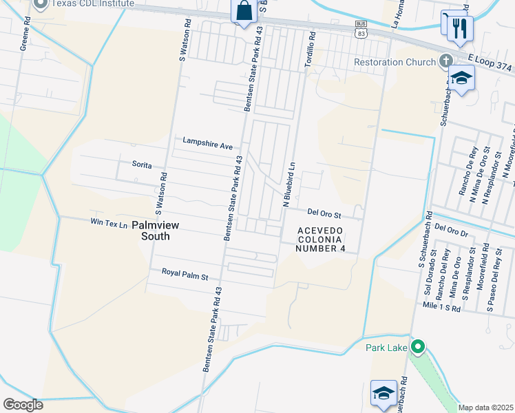 map of restaurants, bars, coffee shops, grocery stores, and more near 2504 Starling Circle West in Palmview