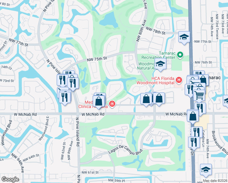 map of restaurants, bars, coffee shops, grocery stores, and more near 7055 Golf Pointe Circle in Tamarac