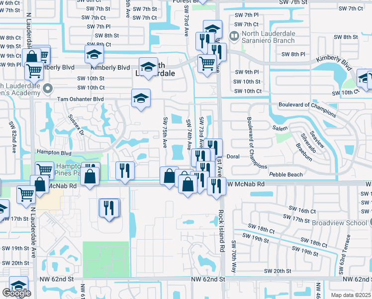 map of restaurants, bars, coffee shops, grocery stores, and more near 1310 Southwest 74th Avenue in North Lauderdale