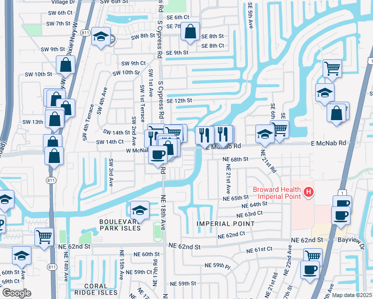 map of restaurants, bars, coffee shops, grocery stores, and more near 140 East McNab Road in Pompano Beach