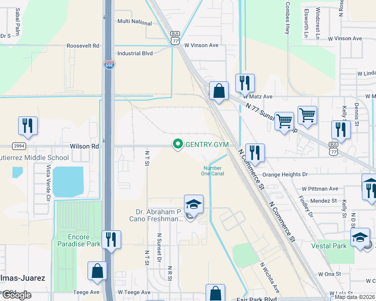 map of restaurants, bars, coffee shops, grocery stores, and more near 1617 Wilson Road in Harlingen