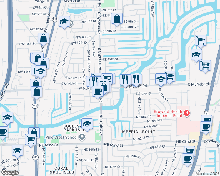map of restaurants, bars, coffee shops, grocery stores, and more near 50 East McNab Road in Pompano Beach