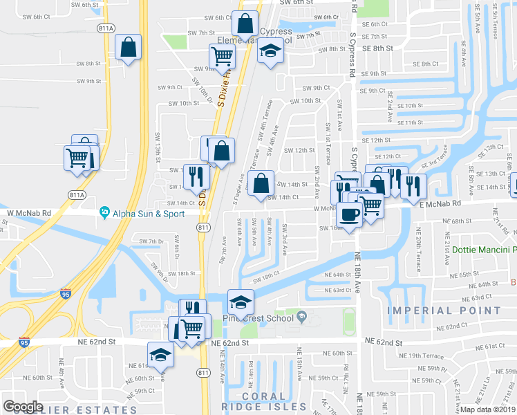map of restaurants, bars, coffee shops, grocery stores, and more near 18 Southwest 4th Avenue in Pompano Beach