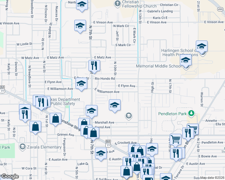 map of restaurants, bars, coffee shops, grocery stores, and more near 909 East Williamson Avenue in Harlingen