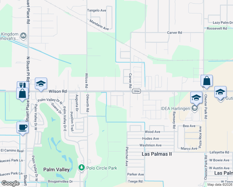 map of restaurants, bars, coffee shops, grocery stores, and more near 4402 Stonechase Road in Harlingen