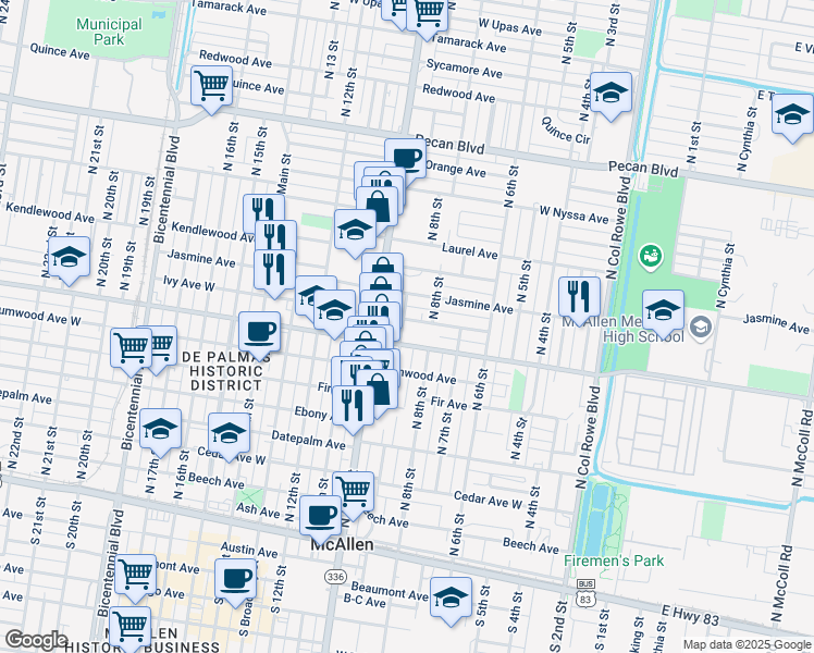 map of restaurants, bars, coffee shops, grocery stores, and more near 825 Ivy Avenue in McAllen
